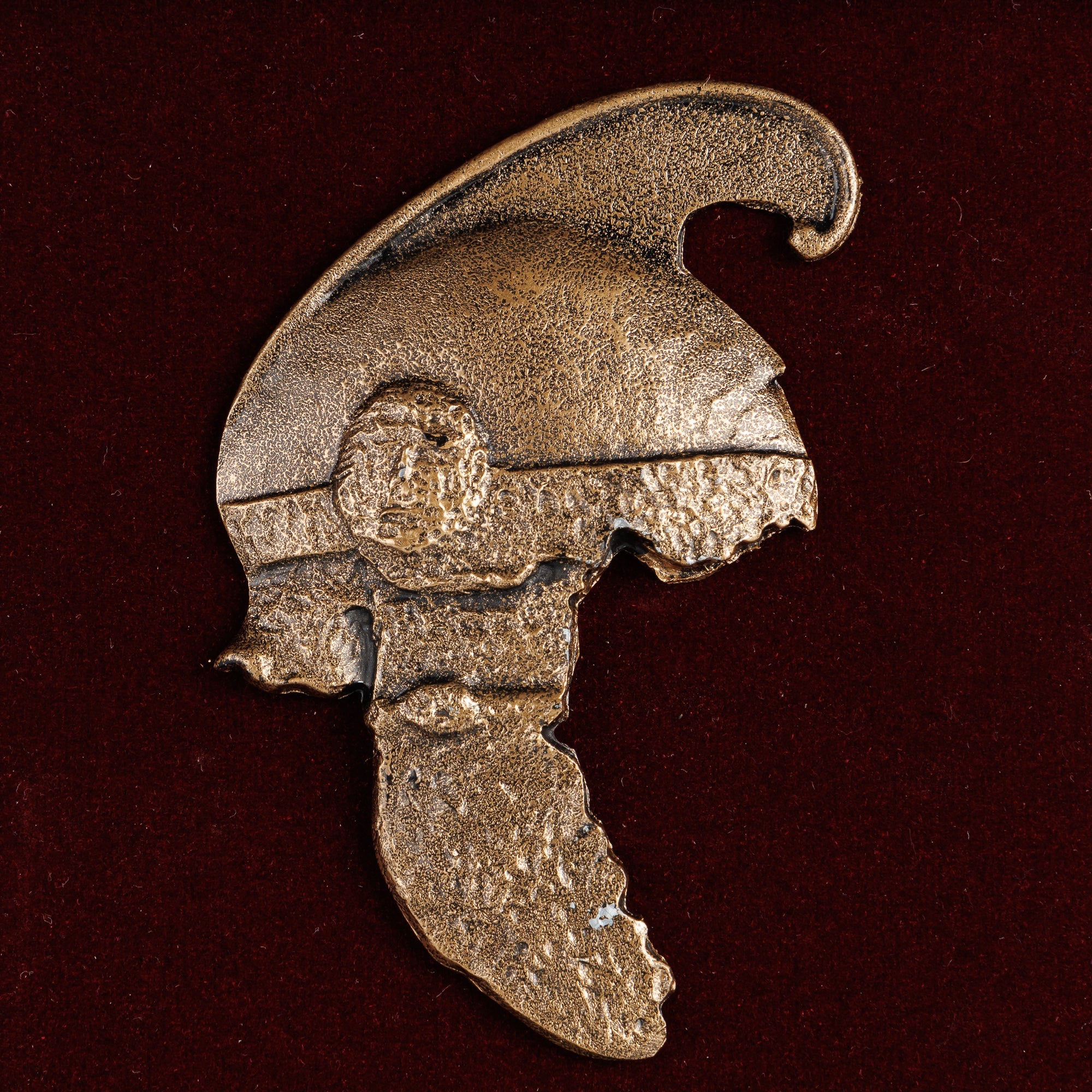 Крупен кадар на прецизно изработениот релјеф со антик-бронзена завршница, истакнувајќи го карактеристичниот гребен и штитниците за образи.