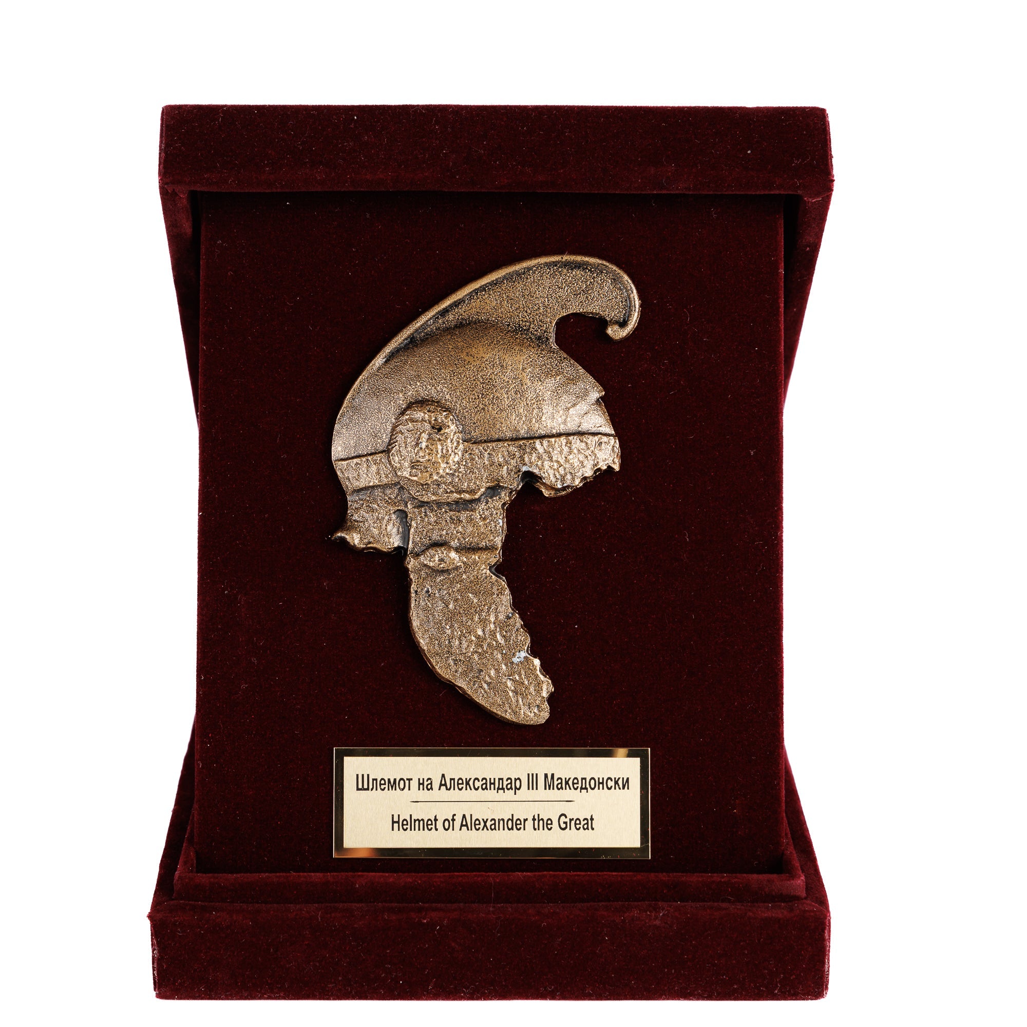 Преден приказ на отворената дипла која го истакнува легендарниот фригиски шлем, совршен симбол на лидерство за секое работно биро.