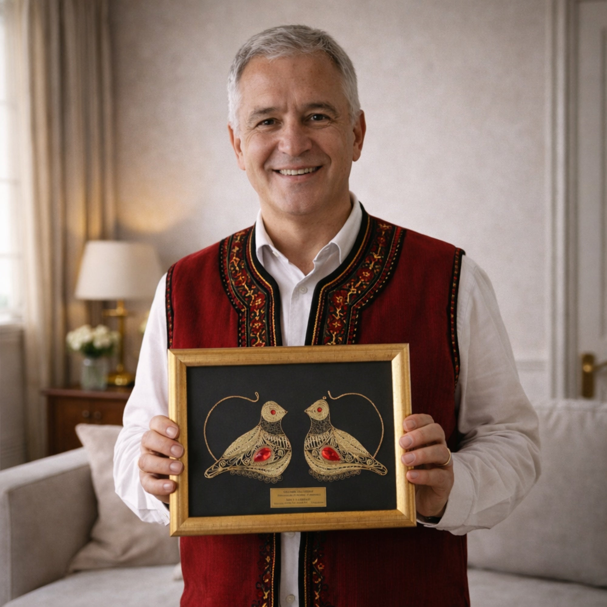 Господин во македонски традиционален елек гордо ја држи врамената филигранска слика Златни Гулабици од ВЕКОВИ.