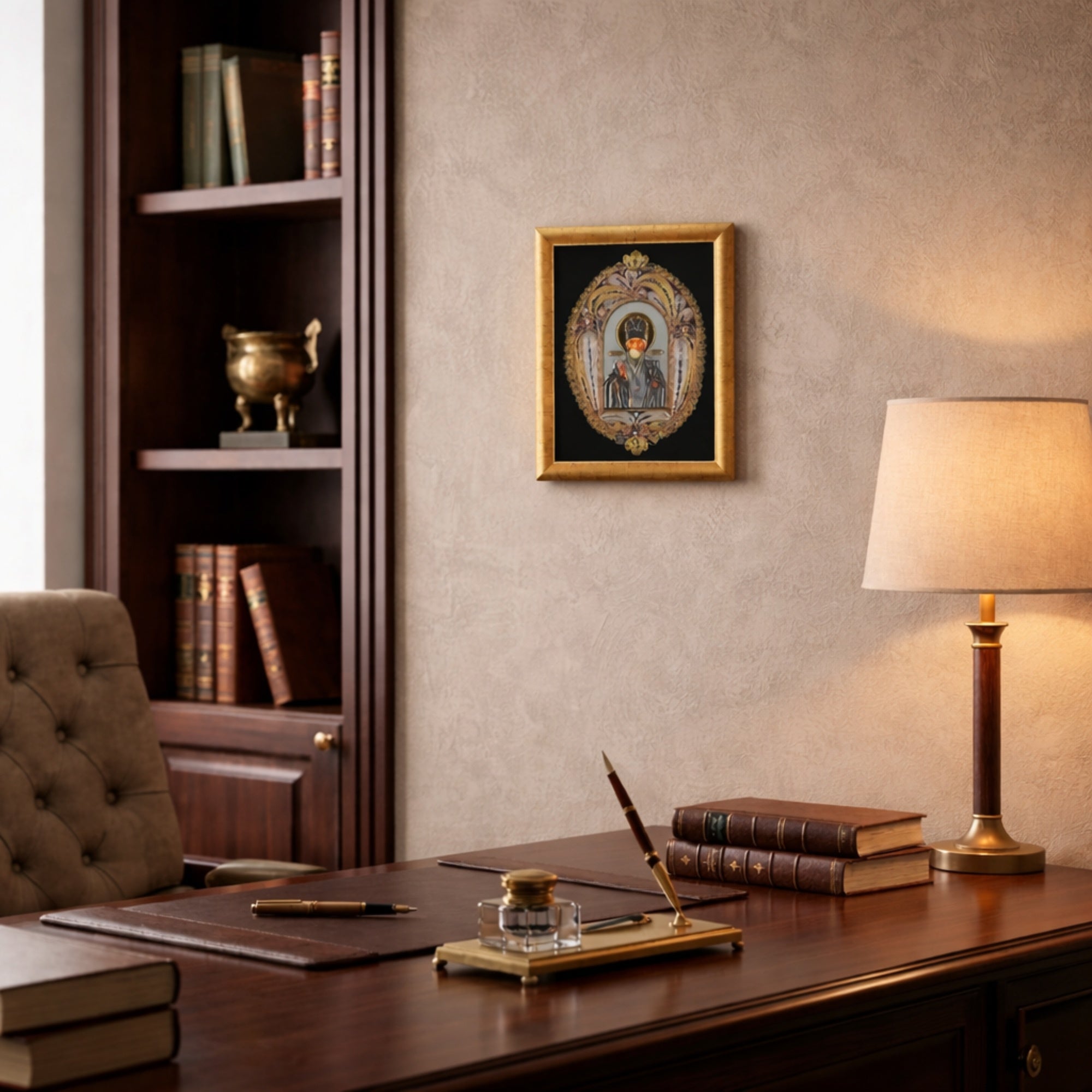 Врамена филигранска икона Свети Никола Чудотворец поставена на ѕид во класична работна соба со библиотека.