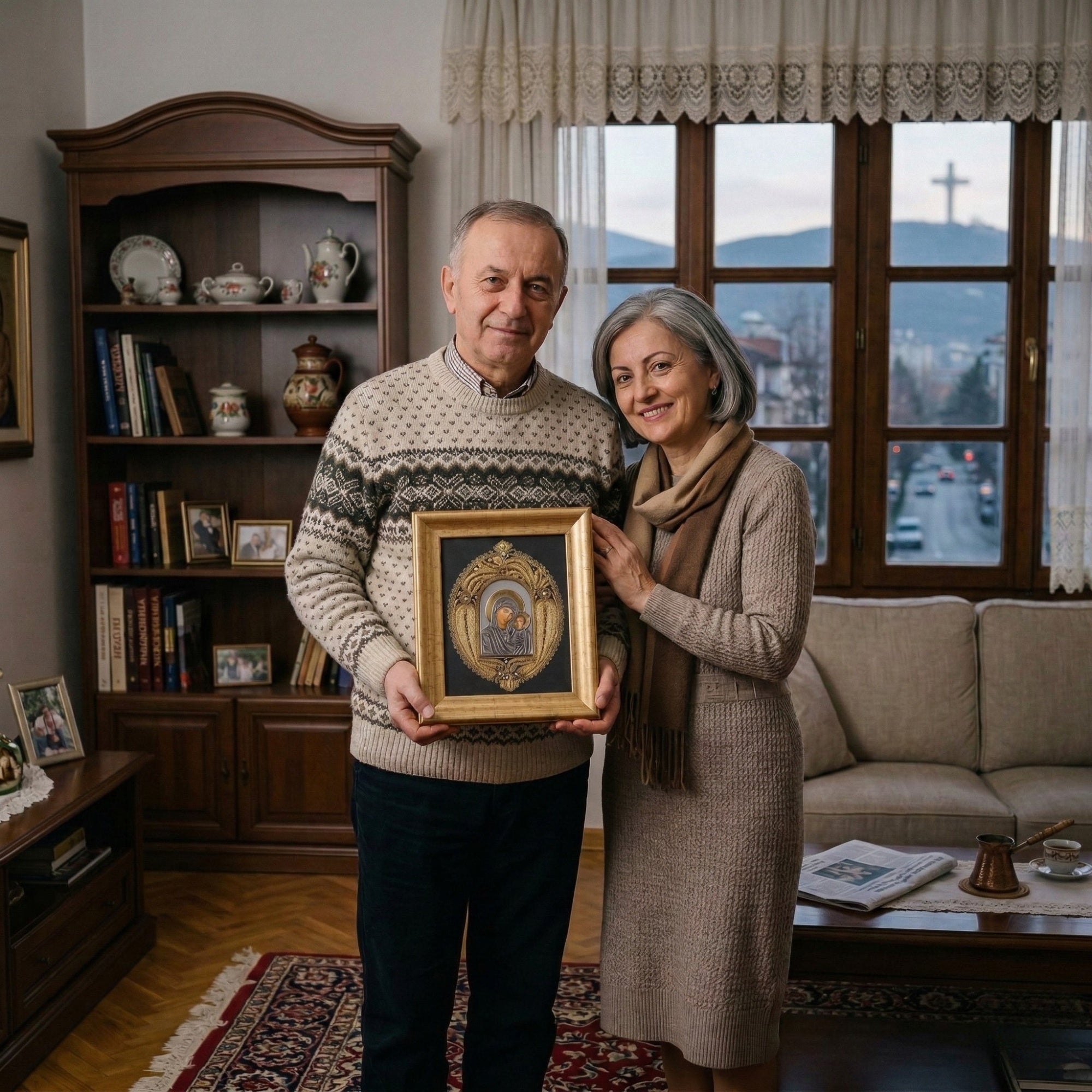 Повозрасен пар со насмевка ја држи врамената икона Пресвета Богородица, симбол на заштита и семејна хармонија.