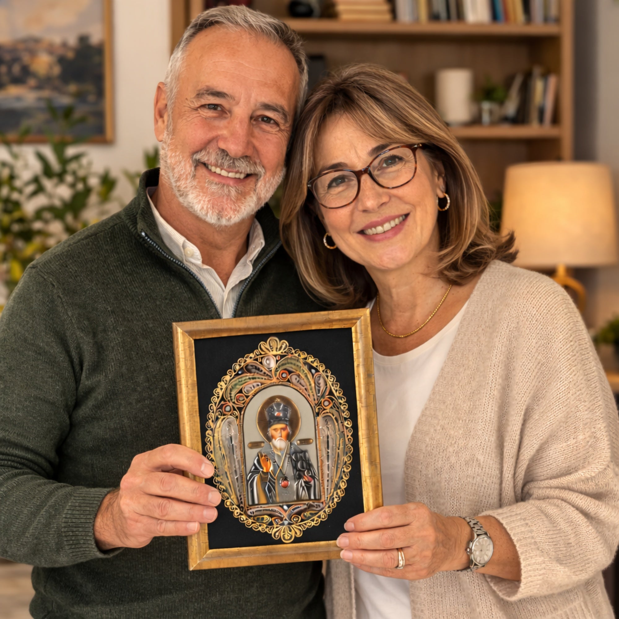 Насмеан повозрасен пар ја држи врамената филигранска икона Свети Никола, совршен заштитник на семејството и домот.