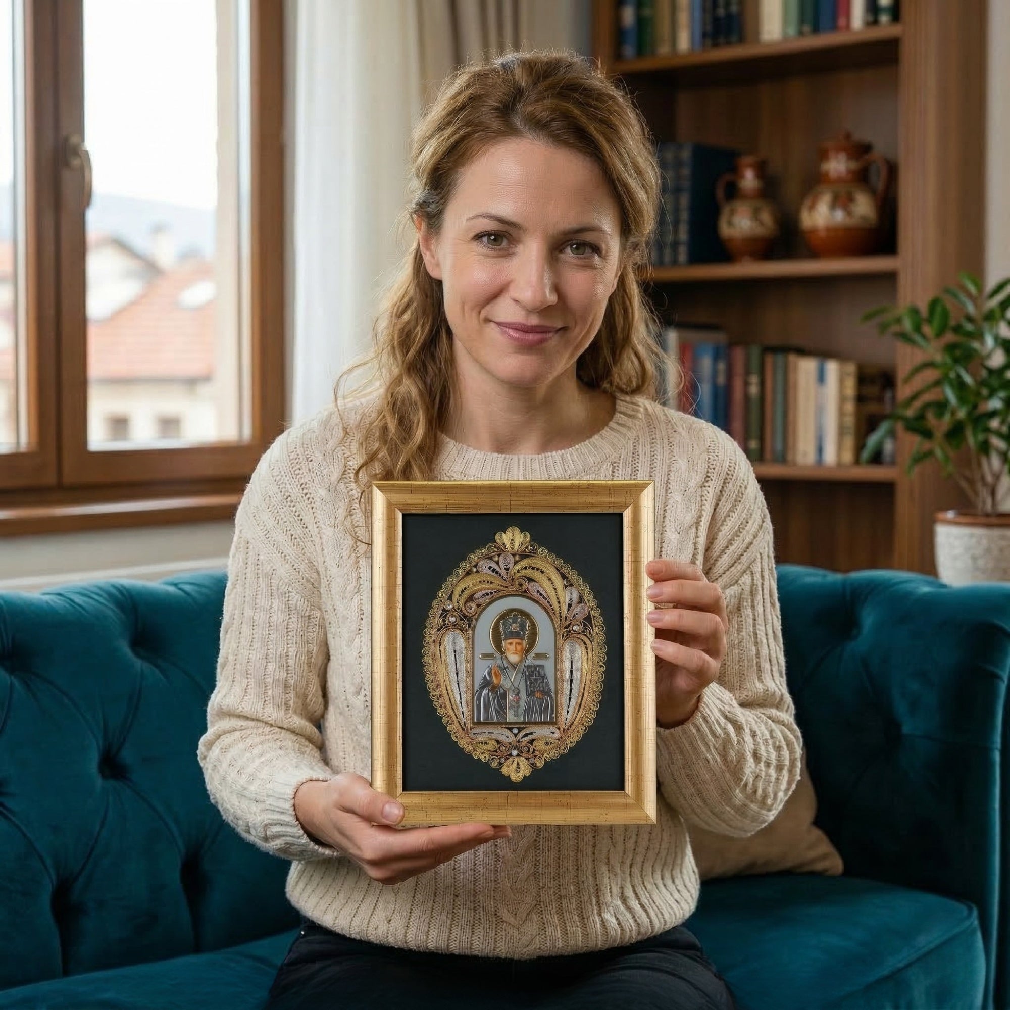 Задоволна клиентка седи на кауч и ја држи рачно изработената икона Свети Никола од брендот ВЕКОВИ.