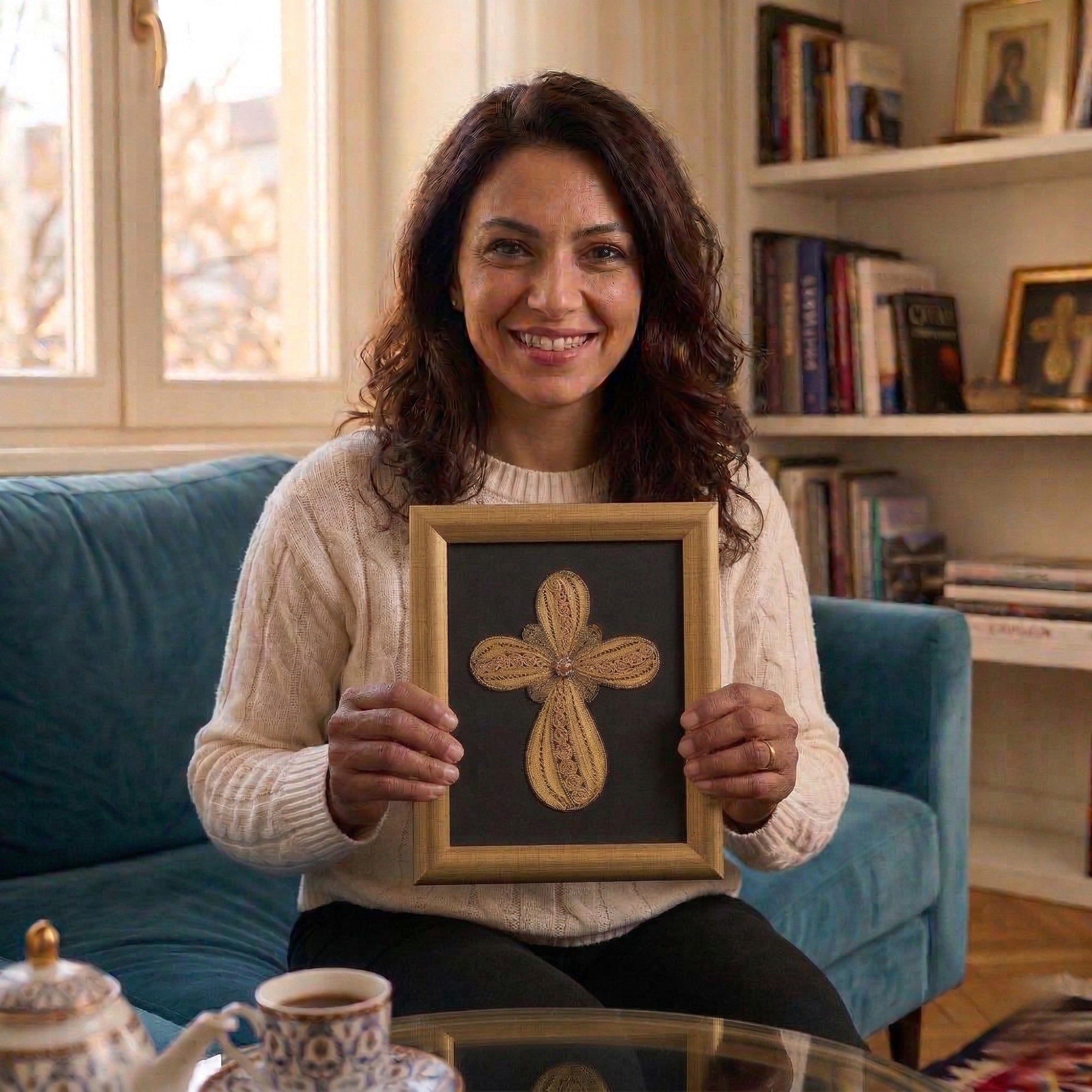 Задоволна клиентка седи на кауч и го покажува својот уникатен православен крст изработен од златна срма.