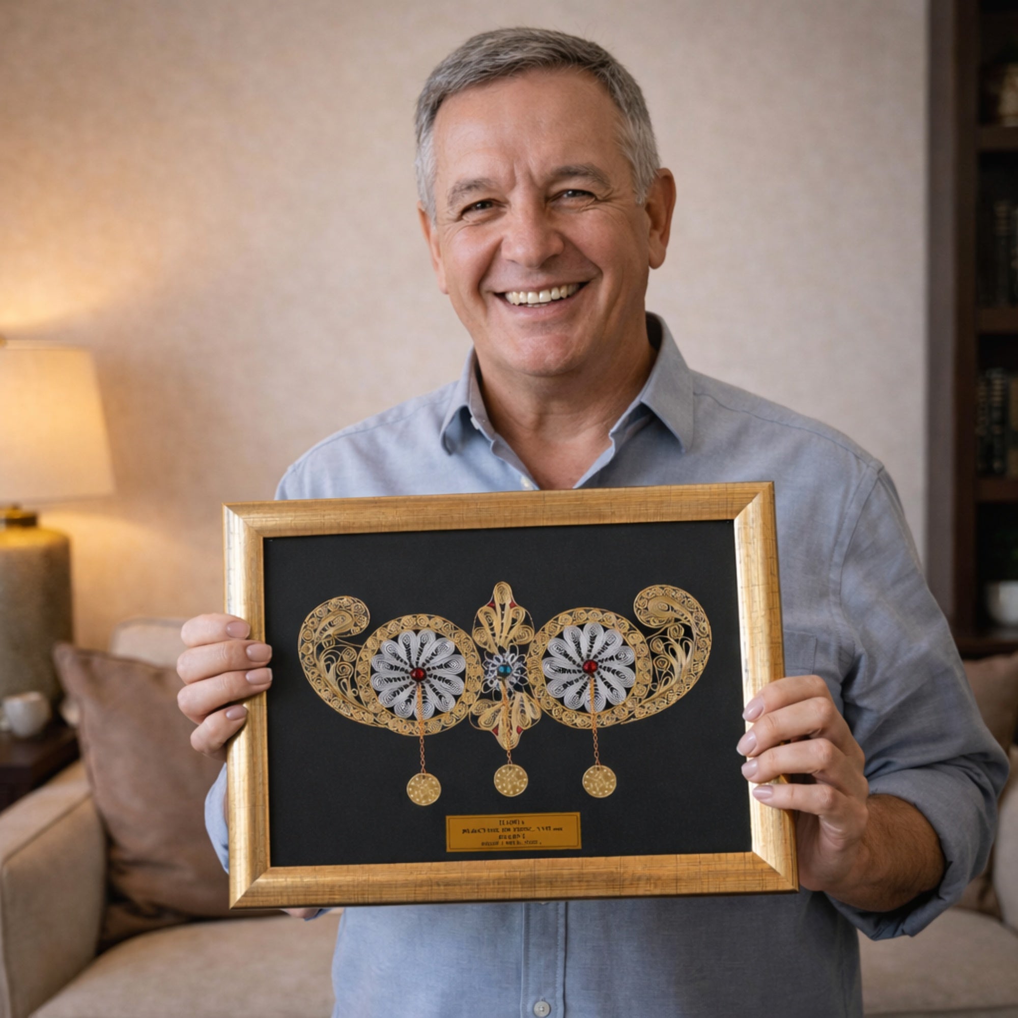 Повозрасен господин гордо ја покажува својата уникатна филигранска слика Пафта од брендот ВЕКОВИ.
