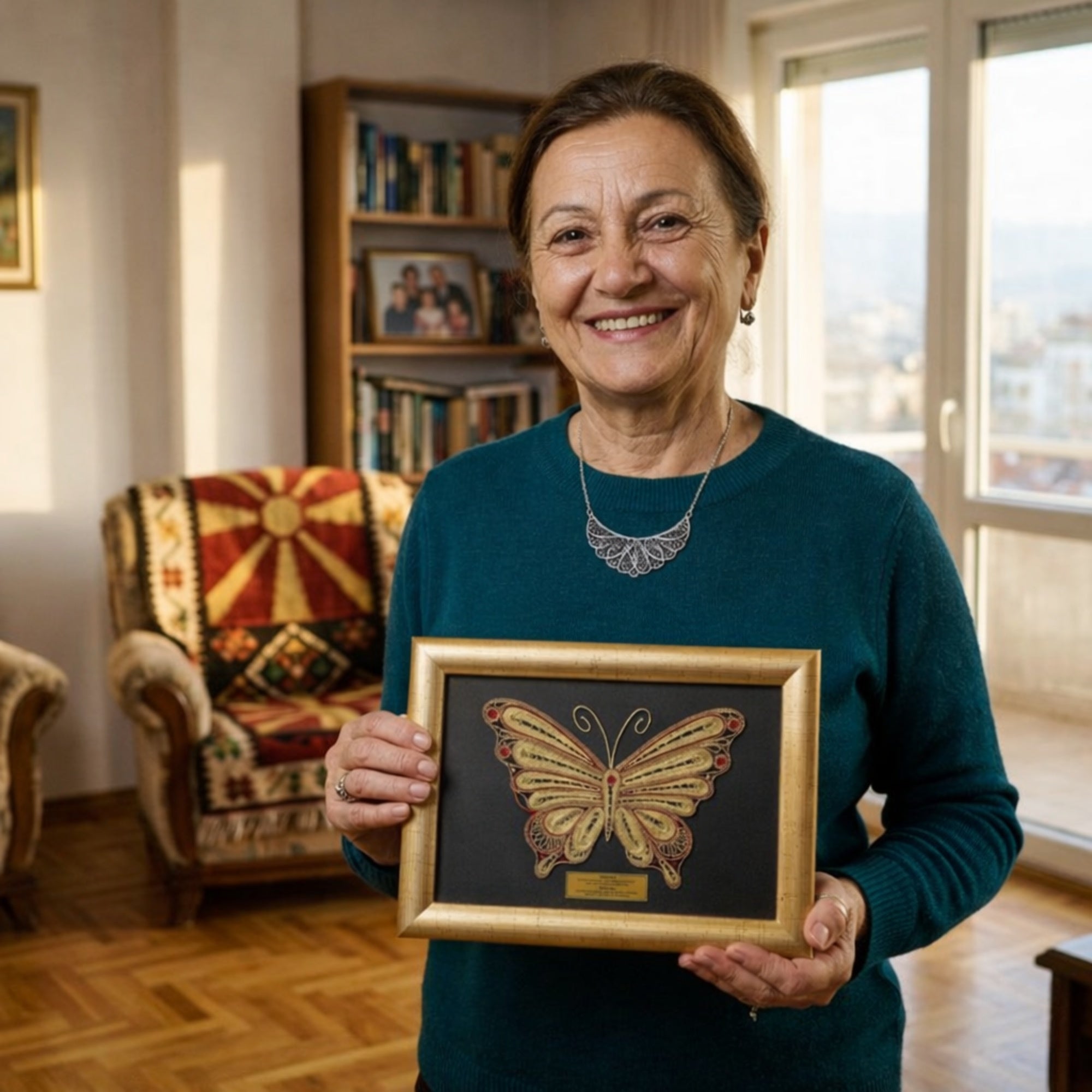 Госпоѓа со насмевка ја држи врамената златна пеперутка, идеален и нежен подарок за мајки и сопруги.