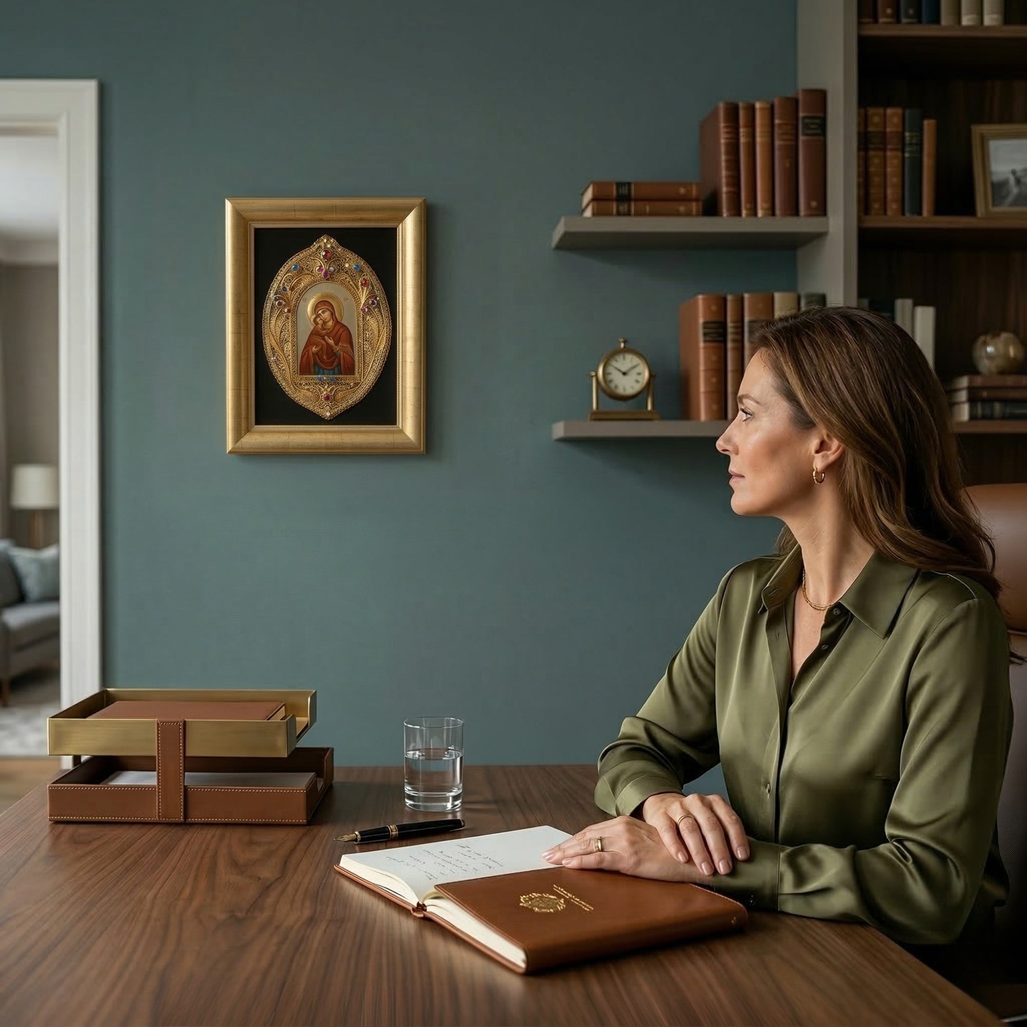 Жена седи на биро во елегантна работна соба каде на ѕидот е поставена светата икона Пресвета Богородица.