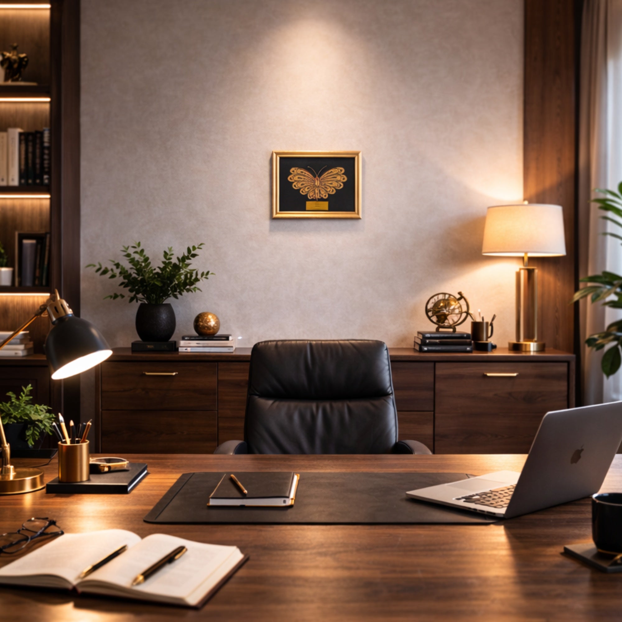 Елегантно врамена филигранска слика Пеперутка поставена како централен уметнички декор во модерна канцеларија.