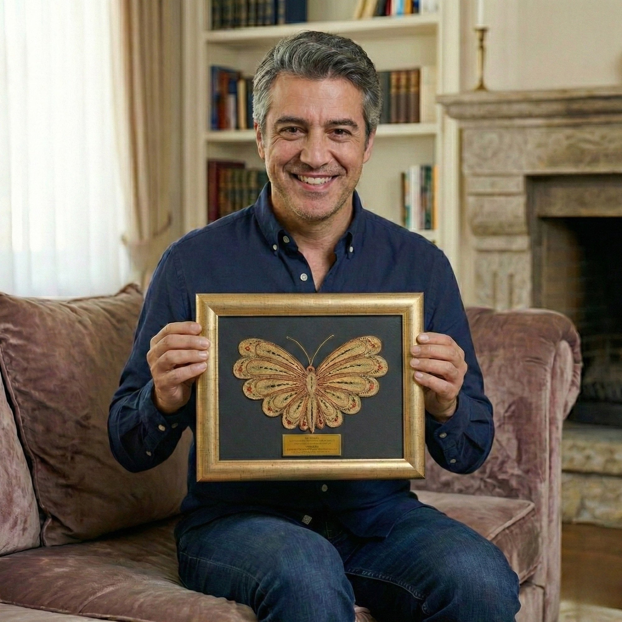 Задоволен купувач гордо ја покажува својата рачно изработена филигранска слика Пеперутка од брендот ВЕКОВИ.