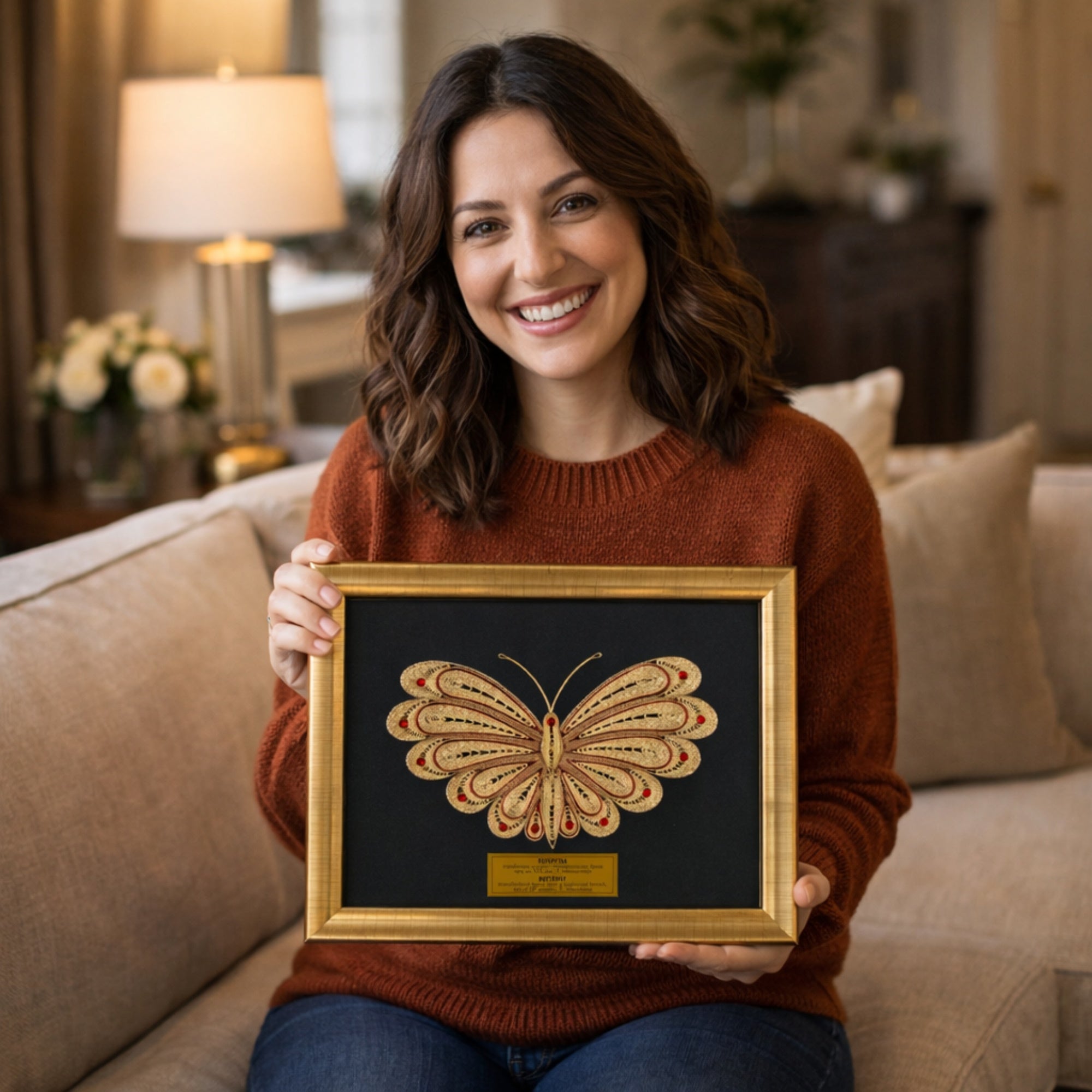 Насмеана жена држи врамена филигранска слика Пеперутка, симбол на радост и нови почетоци, идеален подарок од ВЕКОВИ.